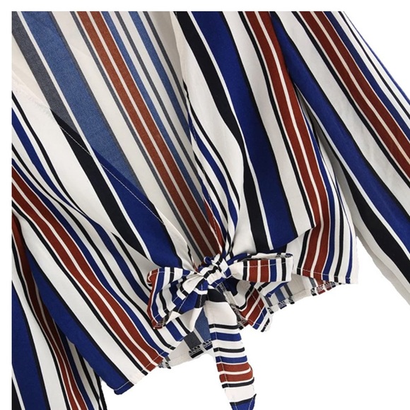 Long Sleeve Striped Deep V-Neck Tie Front Crop Top - Picture 2 of 11